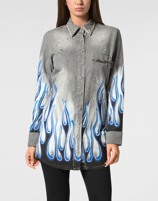 Denim Shirt LS Flame Racing Concrete Grey