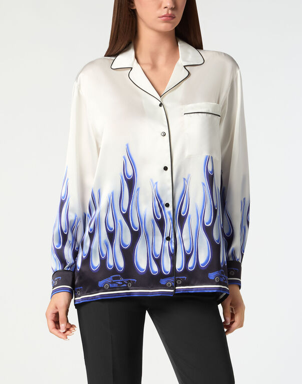 SATIN PIJAMA SHIRT LS FLAMES white