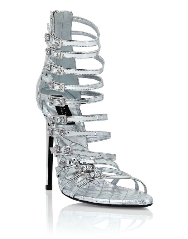 Mirror Leather Sandals High Plein Heels Skull Silver