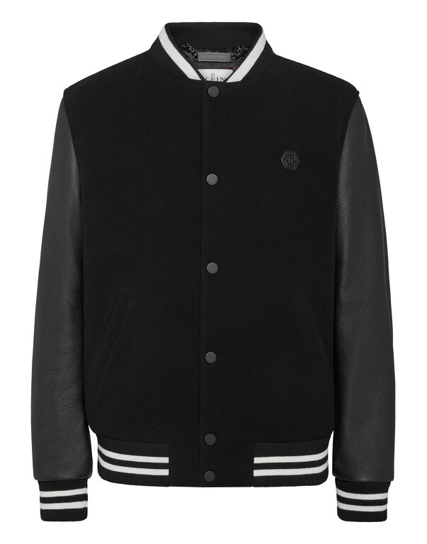 College Bomber with Deer Leather Sleeves Skull strass black