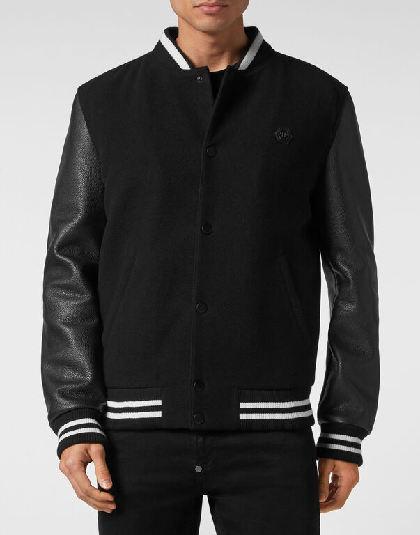 College Bomber with Deer Leather Sleeves Skull strass black