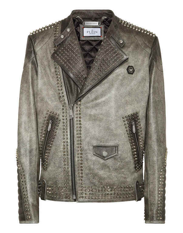 Leather Biker Jacket With Patch Studs black