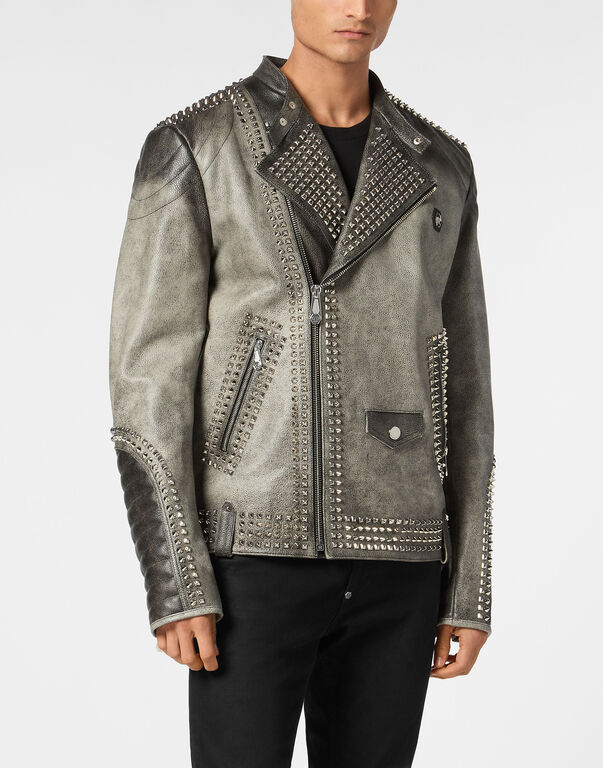 Leather Biker Jacket With Patch Studs black