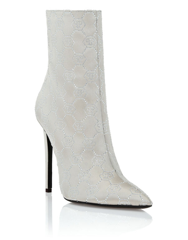 Satin Boots High Heels Mid Monogram Strass beige