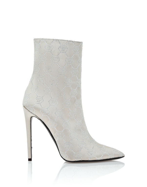 Satin Boots High Heels Mid Monogram Strass beige