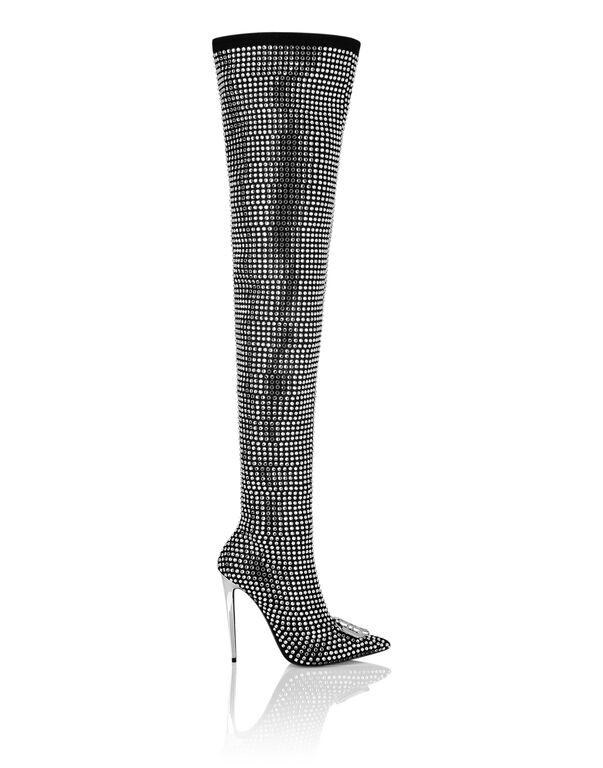 Suede Strass Boots Hi-Heels Overknees Gothic Plein black / crystal