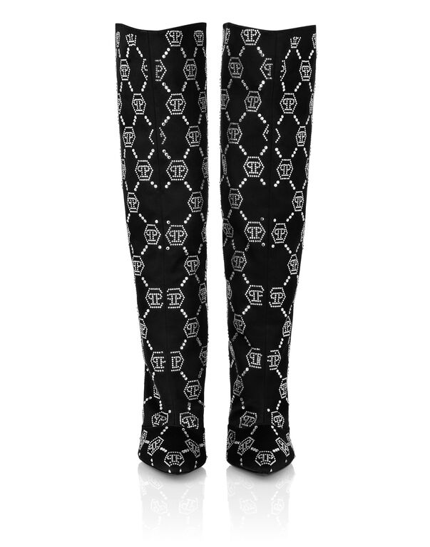 Satin Boots High Heels Mid Strass Monogram black / crystal