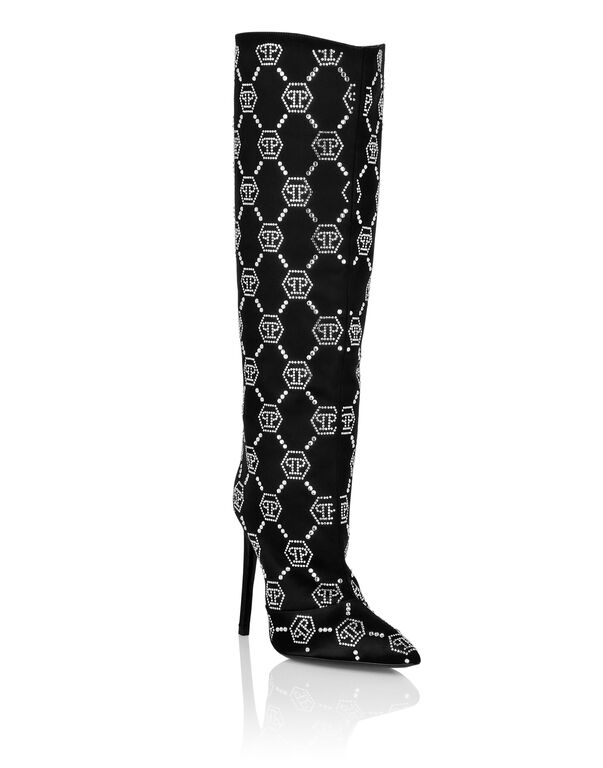 Satin Boots High Heels Mid Strass Monogram black / crystal