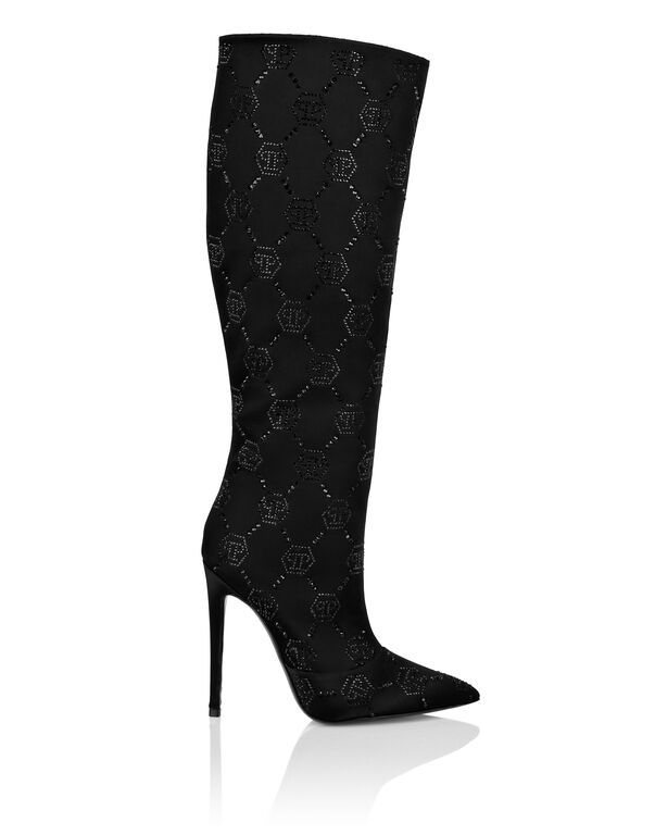 Satin Boots High Heels Mid Strass Monogram black / black