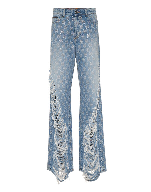 Denim Skater Fit Trousers Strass Monogram Cote D' Azure