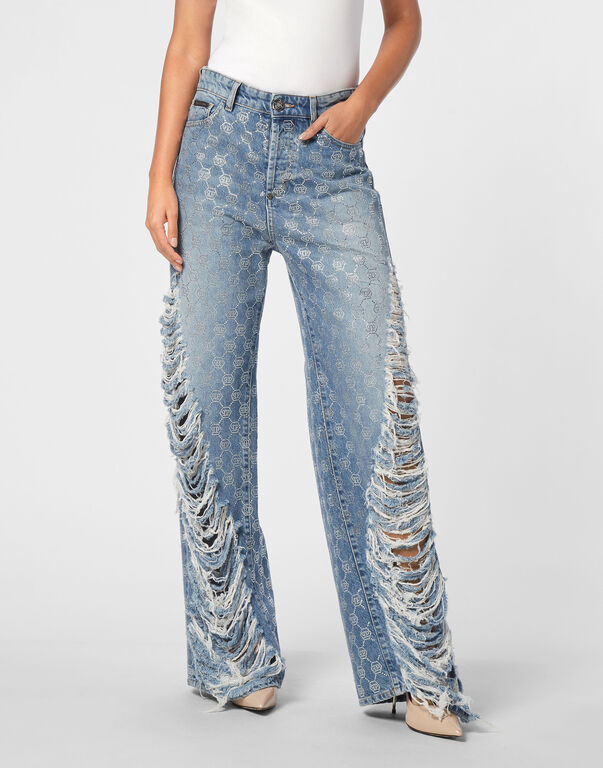 Denim Skater Fit Trousers Strass Monogram Cote D' Azure