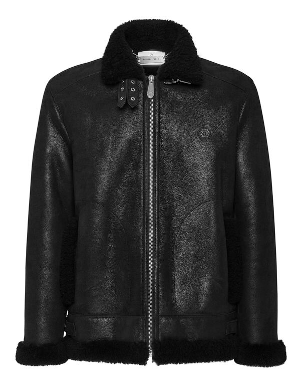 Shearling Leather Biker Jacket black / black