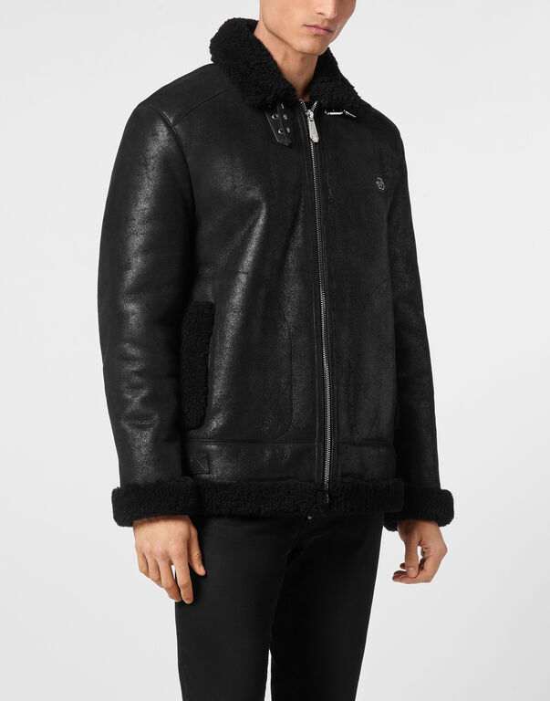 Shearling Leather Biker Jacket black / black