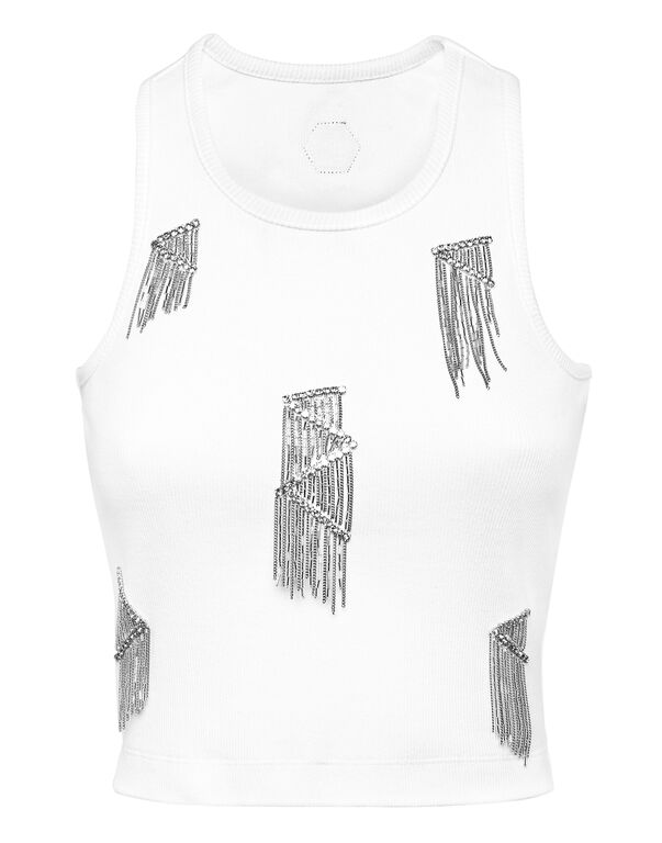 Jersey Rib Tank Top Fringe white