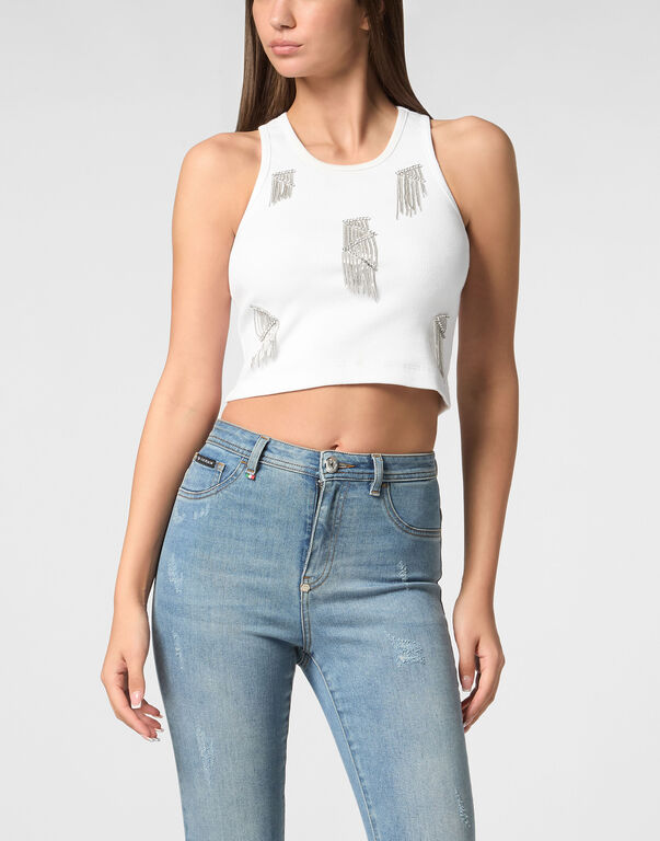 Jersey Rib Tank Top Fringe white