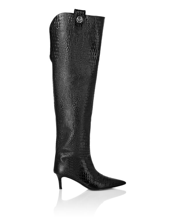 Low-Heel Overknee Boots Cocco Print black