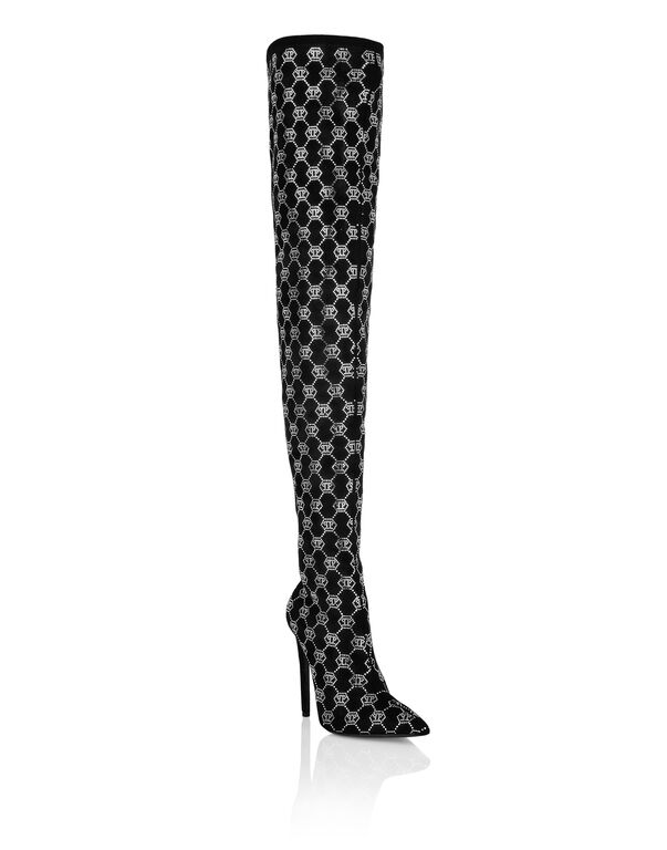 Suede Strass Boots Hi-Heels Overknees Strass Monogram black / crystal
