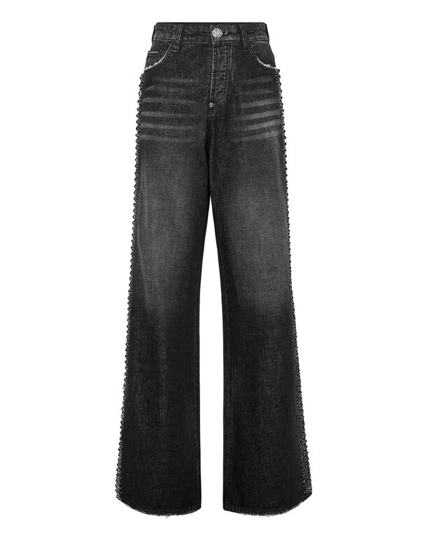 Denim Skater Fit Trousers Rib Strass Riot Black