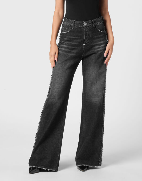 Denim Skater Fit Trousers Rib Strass Riot Black