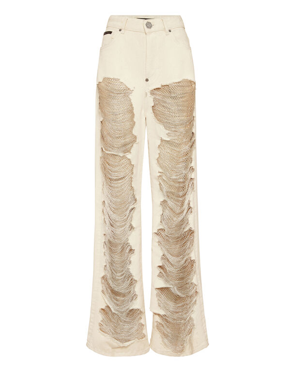 Mesh Strass Denim Trousers Skater Fit Ripped WIND WIZARDS BEIGE