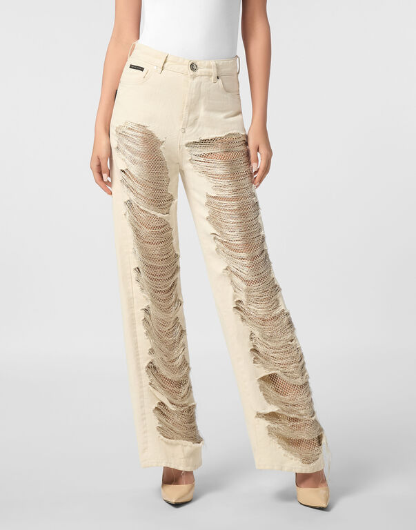 Mesh Strass Denim Trousers Skater Fit Ripped WIND WIZARDS BEIGE