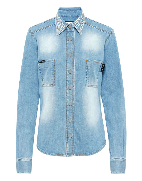 Denim Shirt Long-Sleeve With Crystal Collar Grisaille Turquoise