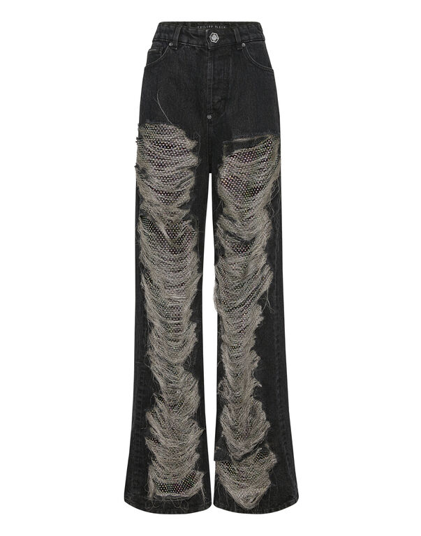 Mesh Strass Denim Trousers Skater Fit Ripped WIND WIZARDS BLACK