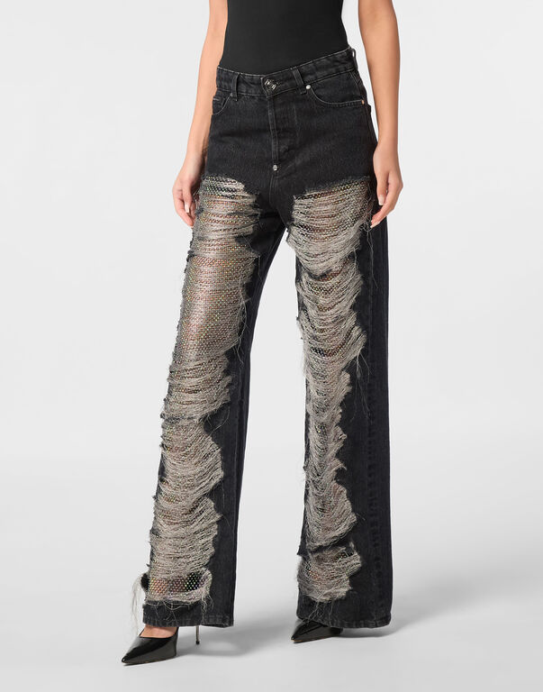 Mesh Strass Denim Trousers Skater Fit Ripped WIND WIZARDS BLACK