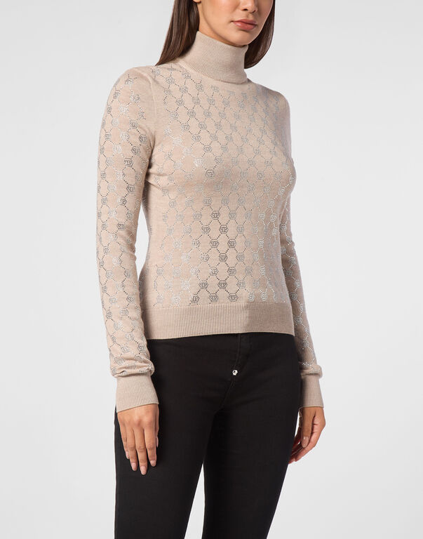 Knitted Strass Top With Padded Shoulders Monogram beige