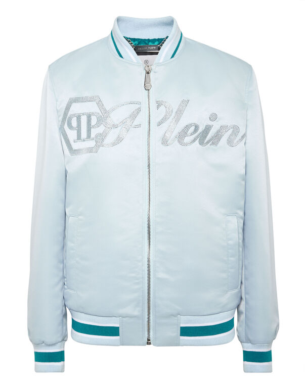 Satin Bomber Jacket Logo Strass light blue