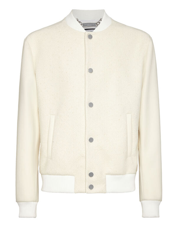 Wool Bomber With Transparent Strass Off White