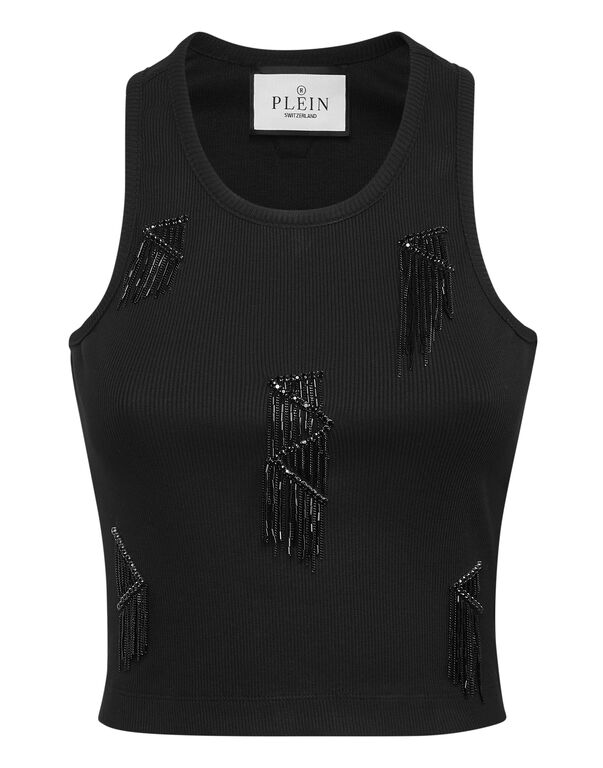 Jersey Rib Tank Top Fringe black