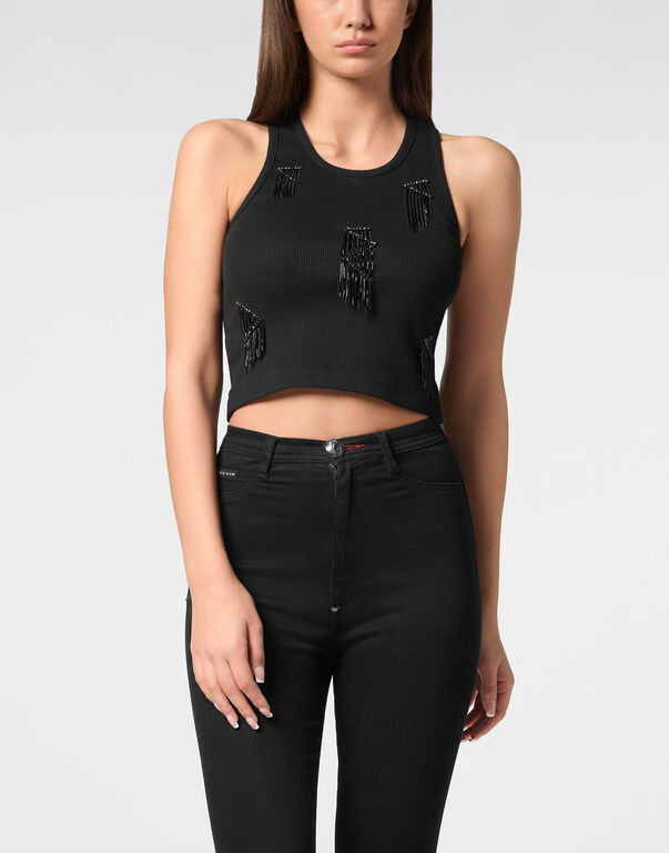 Jersey Rib Tank Top Fringe black