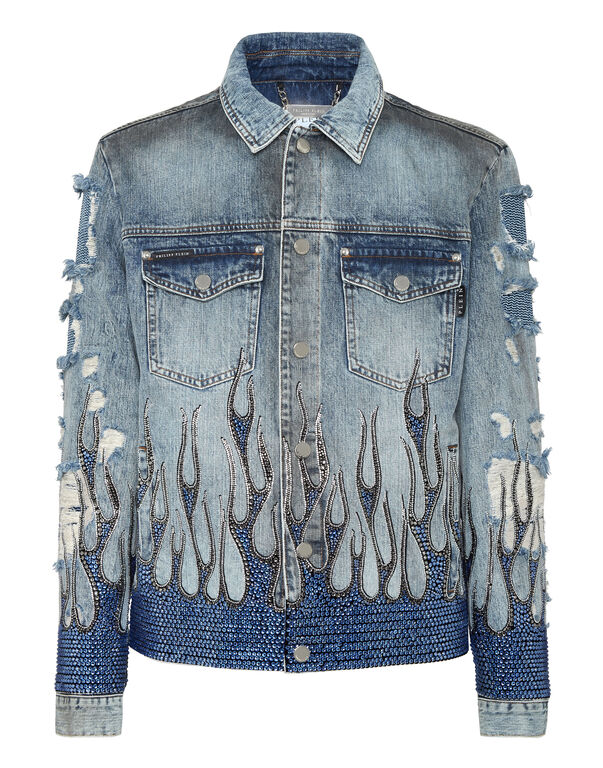 Denim Oversize Jacket LS Strass Flame SAND STONE GREY