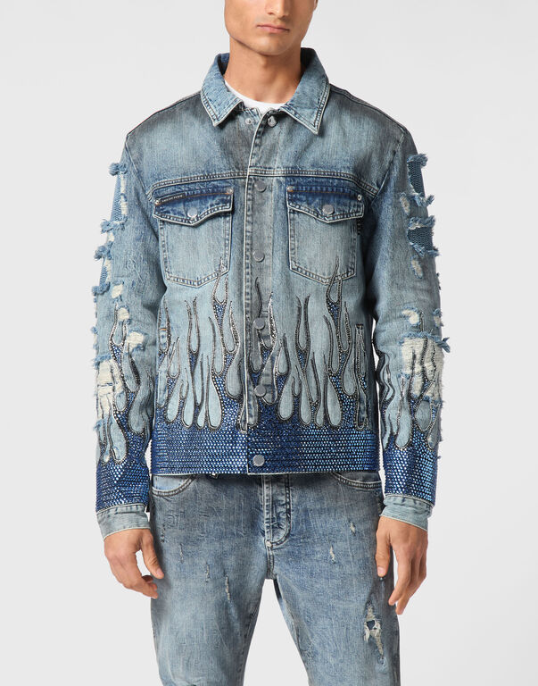 Denim Oversize Jacket LS Strass Flame SAND STONE GREY