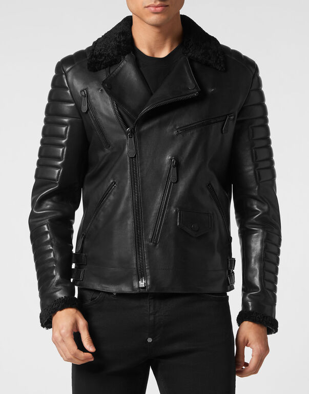 Shearling Leather Biker Gothic Plein black