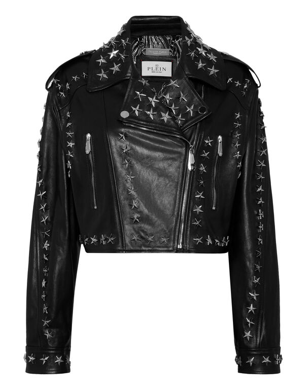 Leather Biker Jacket Star Studs black
