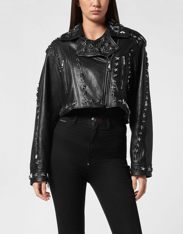 Leather Biker Jacket Star Studs black