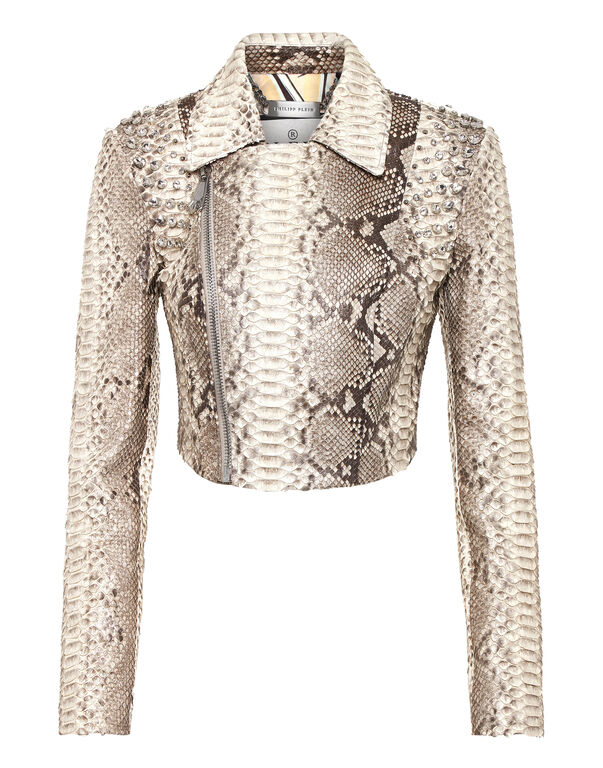 Cropped Python Leather Biker Jacket LS Flame python