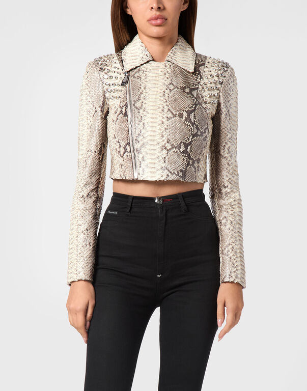 Cropped Python Leather Biker Jacket LS Flame python