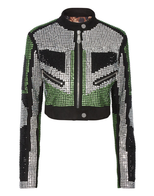 Cropped Leather Biker Jacket Strass green