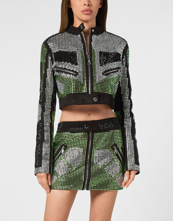 Cropped Leather Biker Jacket Strass green