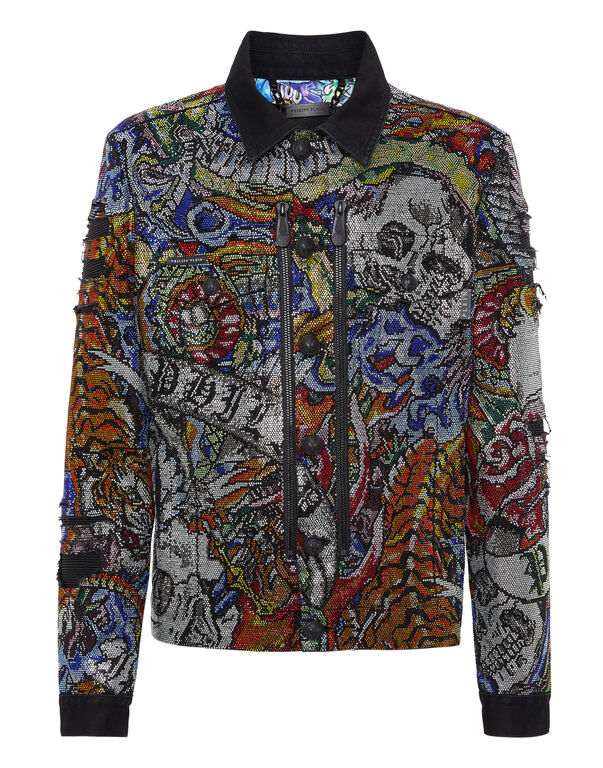 Denim Jacket with Crystals Tattoo