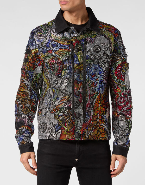 Denim Jacket with Crystals Tattoo