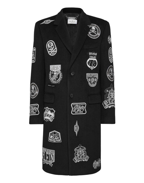 Wool Long Coat With Patches black