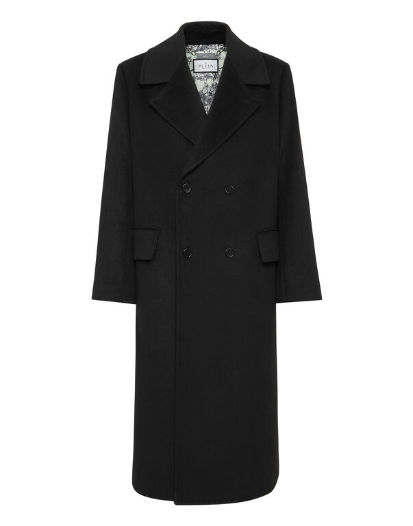 Herringbone Wool Double Breasted Long Coat black