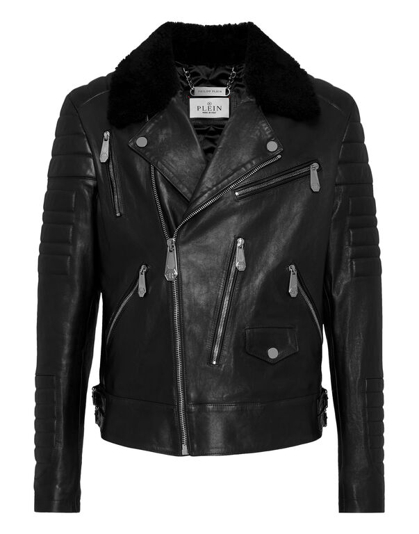 Leather Biker Jacket with Shearling Collar black