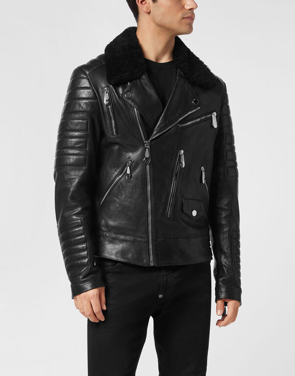 Leather Biker Jacket with Shearling Collar black