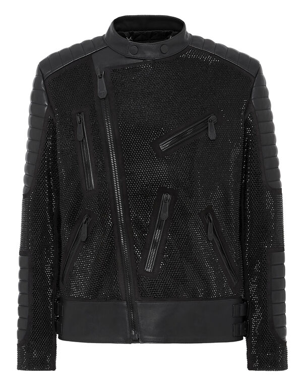Leather Disco Biker Jacket Crystals black
