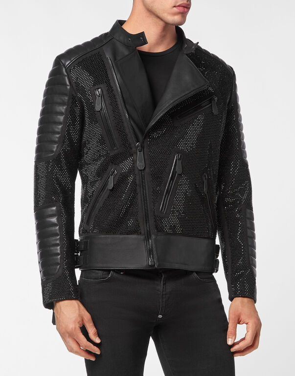 Leather Disco Biker Jacket Crystals black